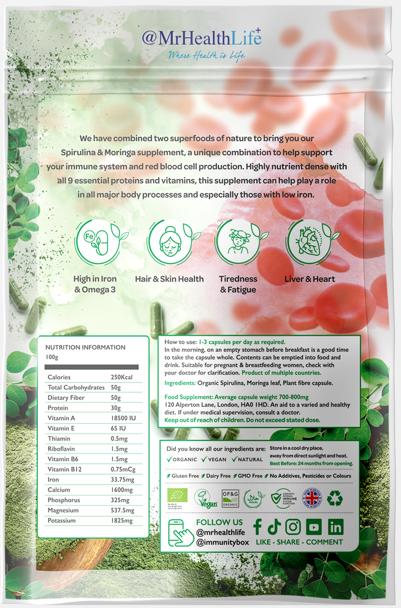 Organic Spirulina + Moringa capsules 30 mrhealthlife.co.uk